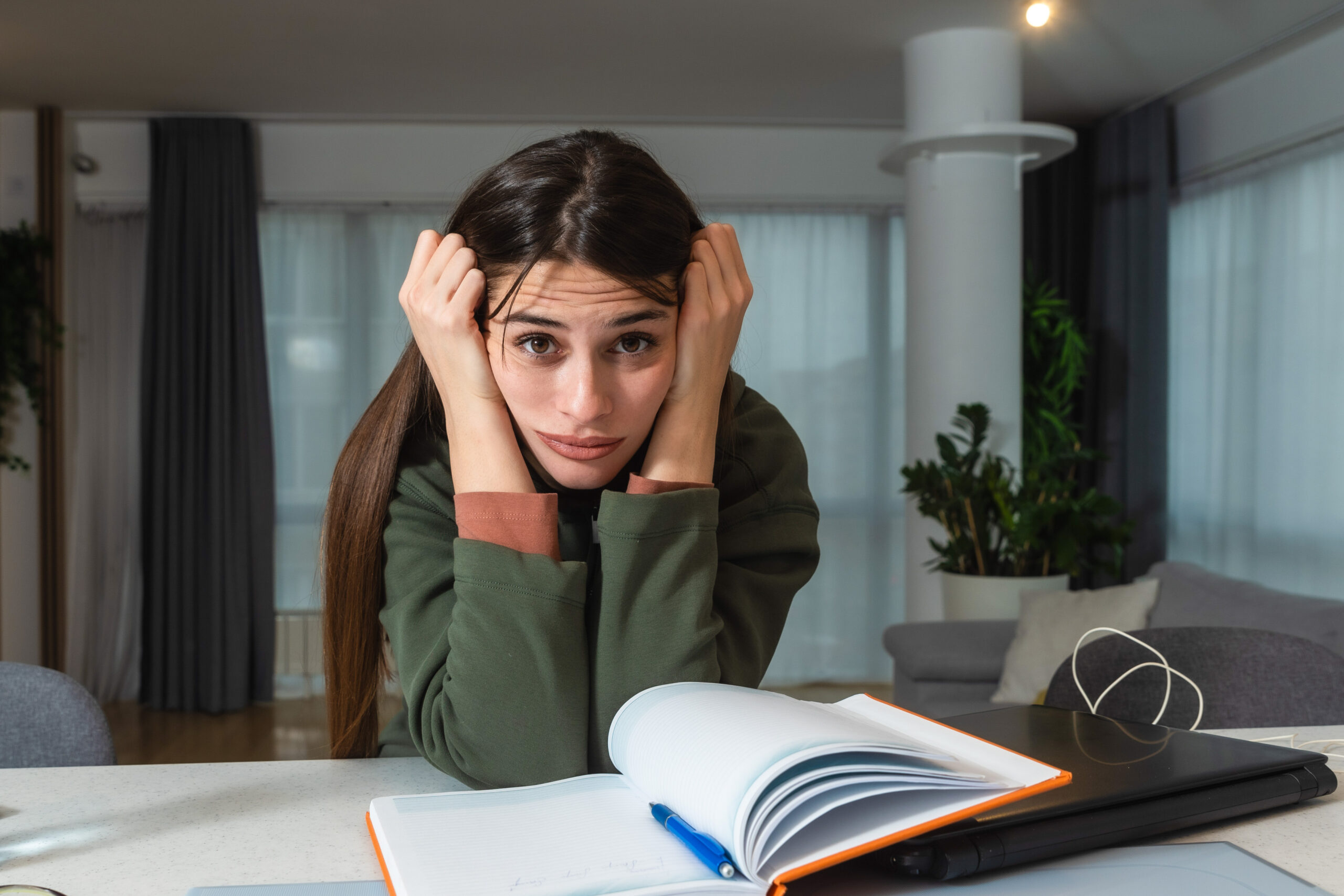 Young freelance business finance woman has a problem with attent